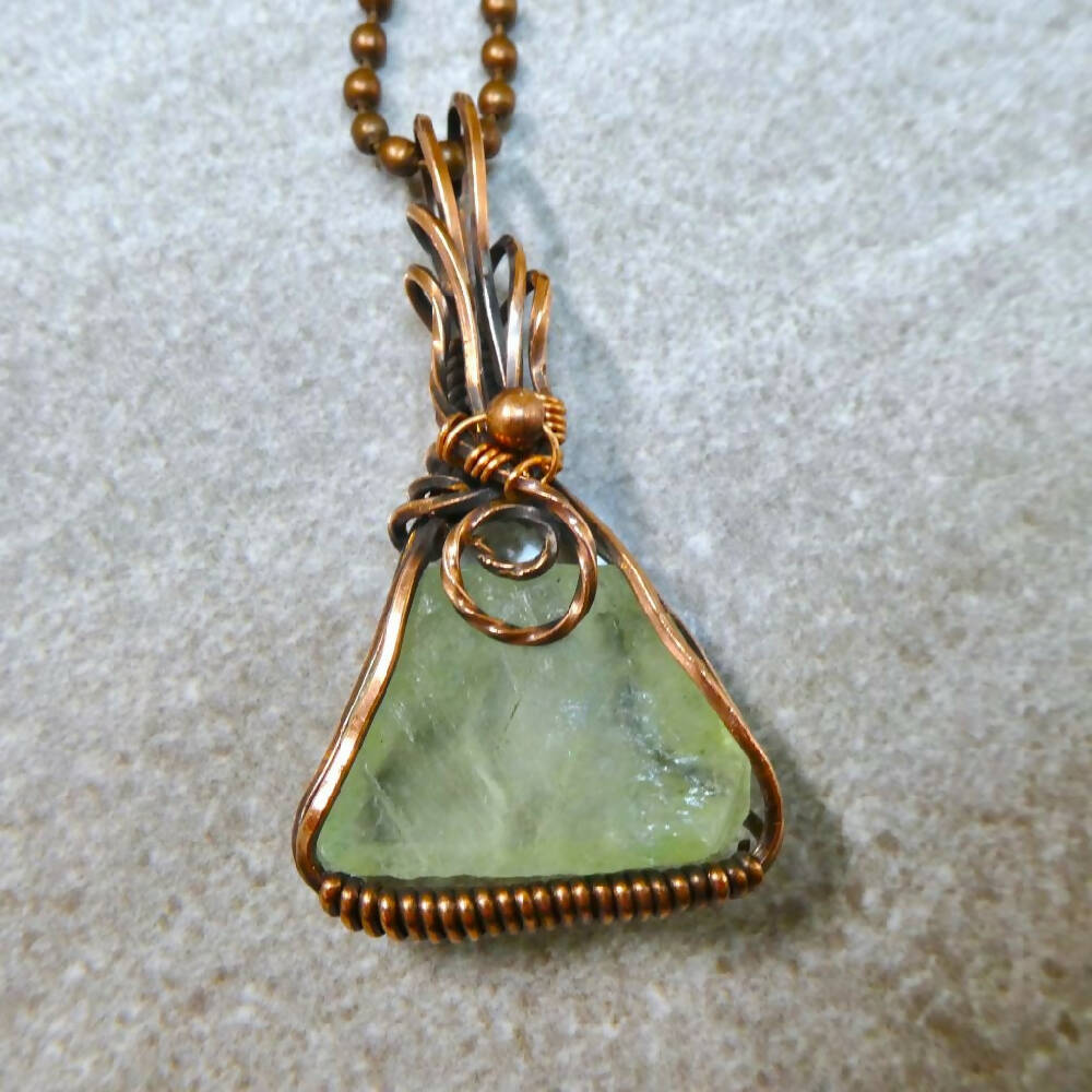 Rough Green calcite pendant oxidised copper wire wrapped