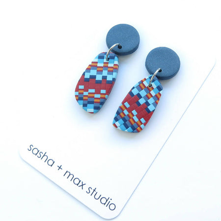 Bargello 1 quilt red blue white drop earrings