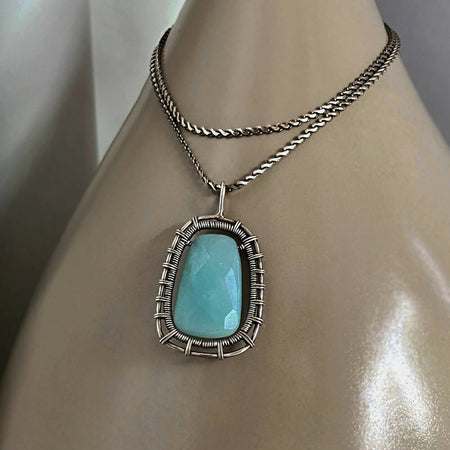Sterling Silver Faceted Amazonite Woven Wire Wrapped Pendant