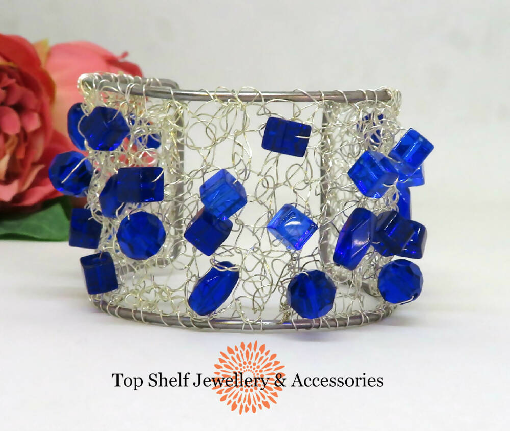 Cobalt Blue Crochet Wire Boho Beaded Cuff Bracelet