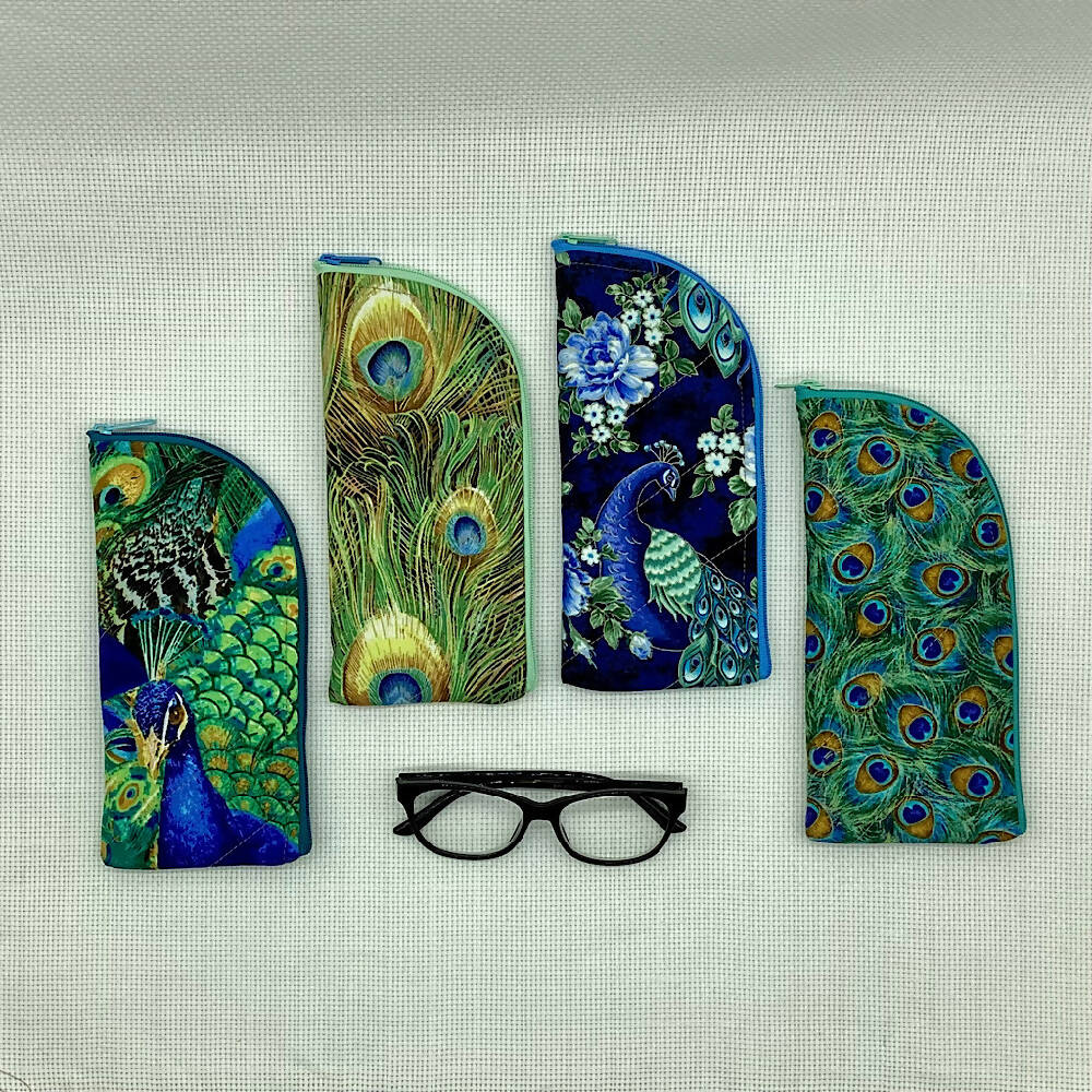 Peacock feathers curved top zip pouch for glasses, phones, handbag organiser, etc.