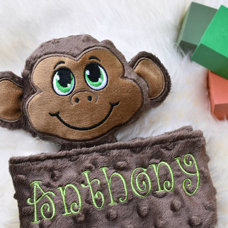 Baby comforter, Embroidered name, Monkey themed Ruggybud, Made to order
