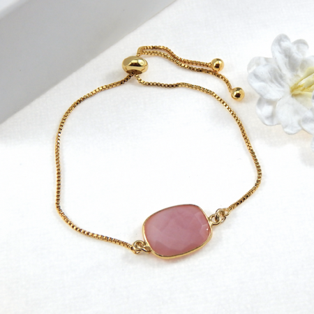 Pink Opal Friendship Bracelet,Adjustable Gold Bolo Bracelet