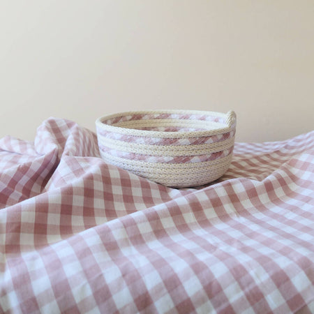 Dusky Pink Gingham Fabric wrapped key bowl rope basket