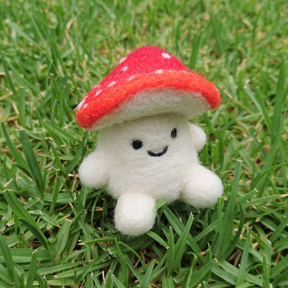 Wool Mushroom with Face - Needle Felted Toadstool Figurine