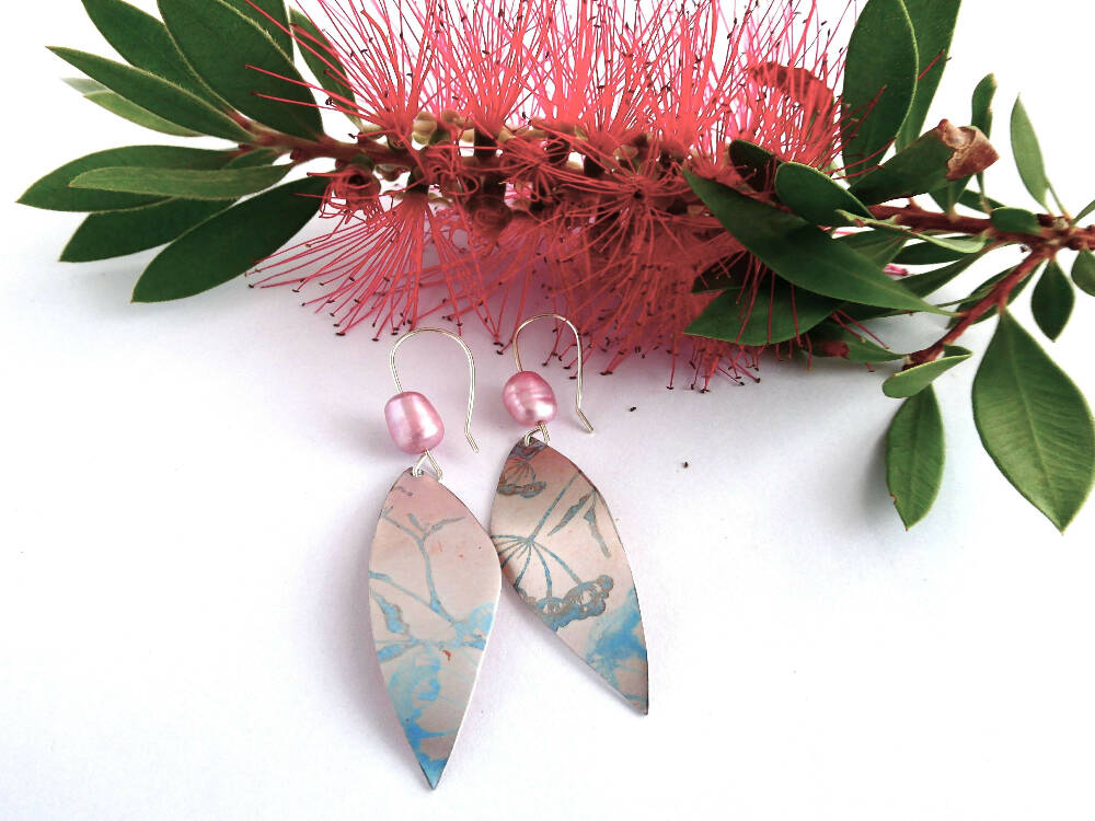 Printed and dyed watercolour anodised aluminium earrings
