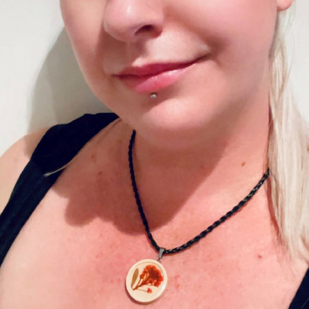 Red Flower Wood and Resin Pendant on Necklace