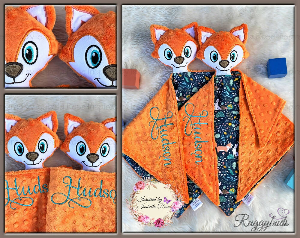 Baby comforter, Embroidered name, Fox themed Ruggybud, Made to order