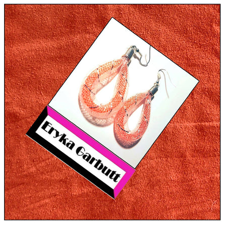 Dangle Earrings, White and silver nylon mesh with red insert.