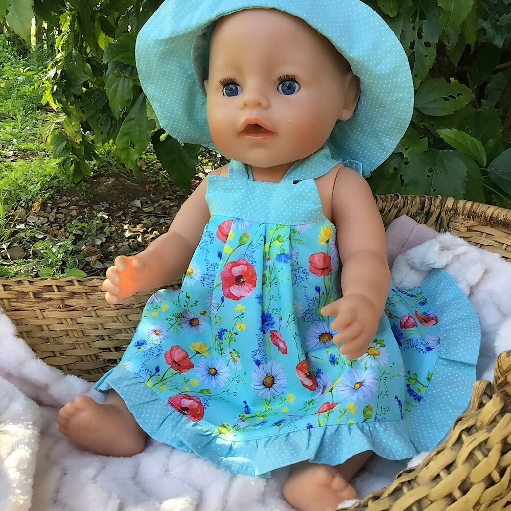 34-43cm dolls Sundress and Sunhat - aqua floral
