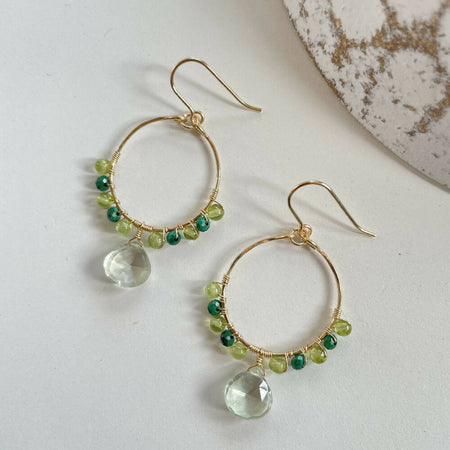 14K Gold filled green amethyst and gold hoop earrings