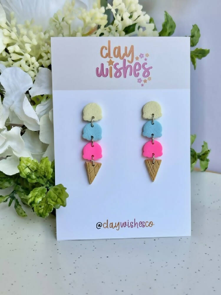 3 Scoops of Ice Cream Polymer Clay Dangle Earrings - Yellow, Blue & Pink