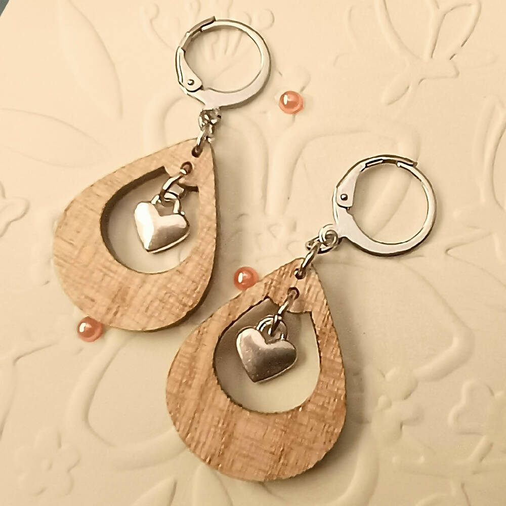 Wood & Heart Charm Teardrop Earrings