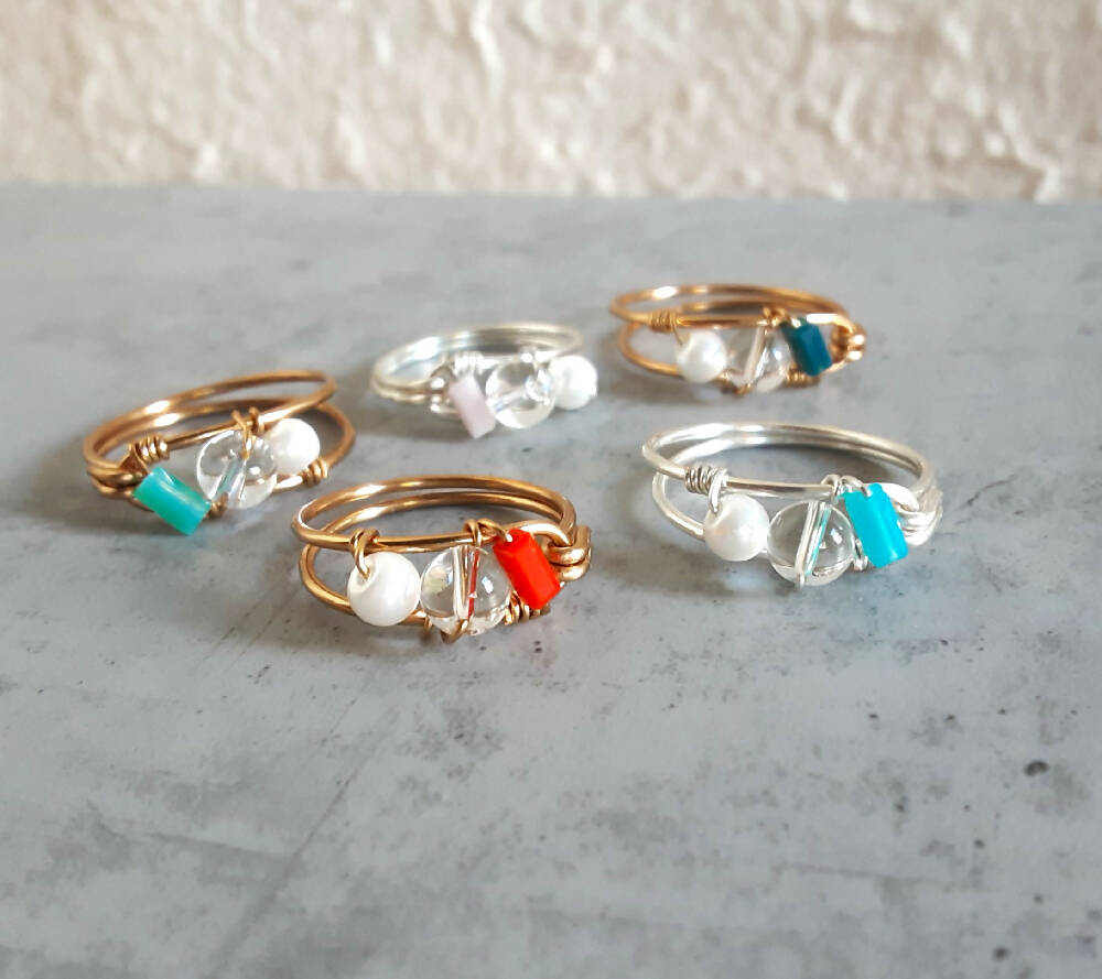 Unique Glass Pearl & Glass bead geometric wire ring