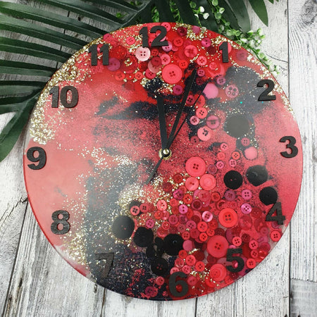 Clock - Red Black & Gold - Buttons & Resin - Silent Motion