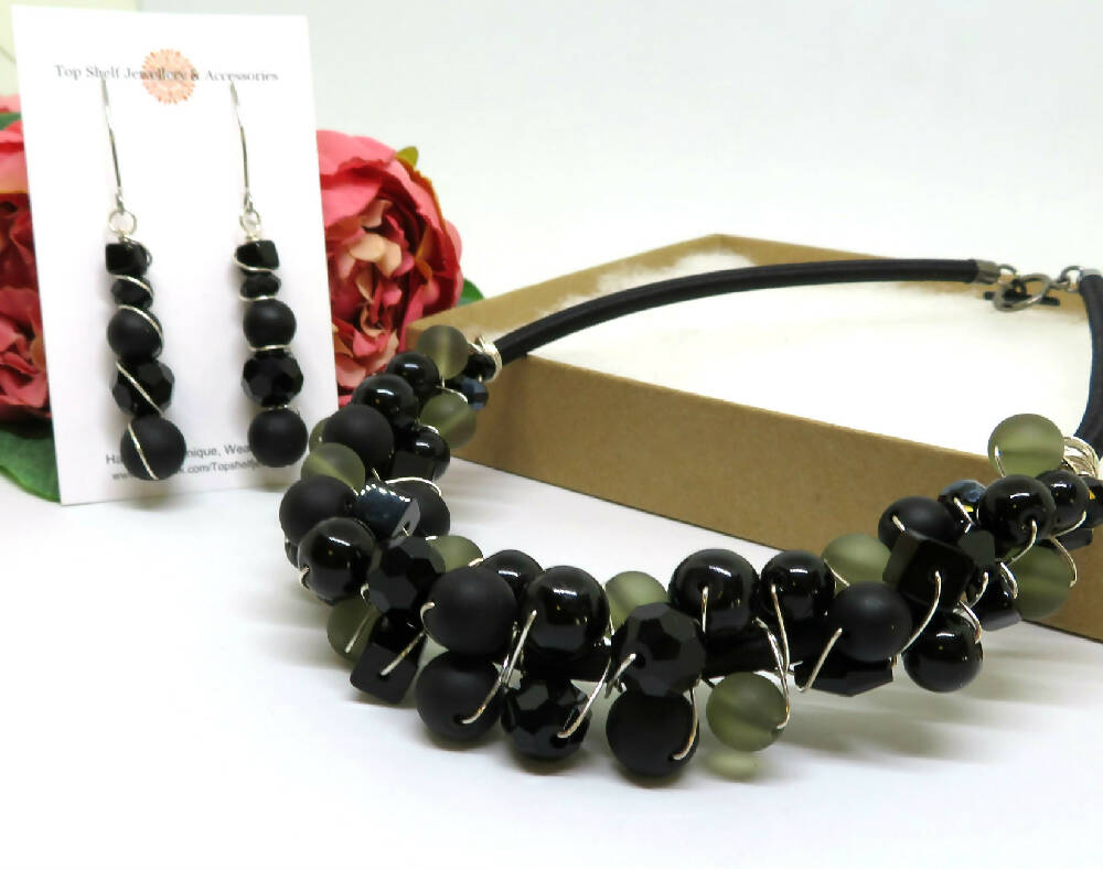 Black Olive/Grey Wire Wrapped Beaded Necklace Earrings Set