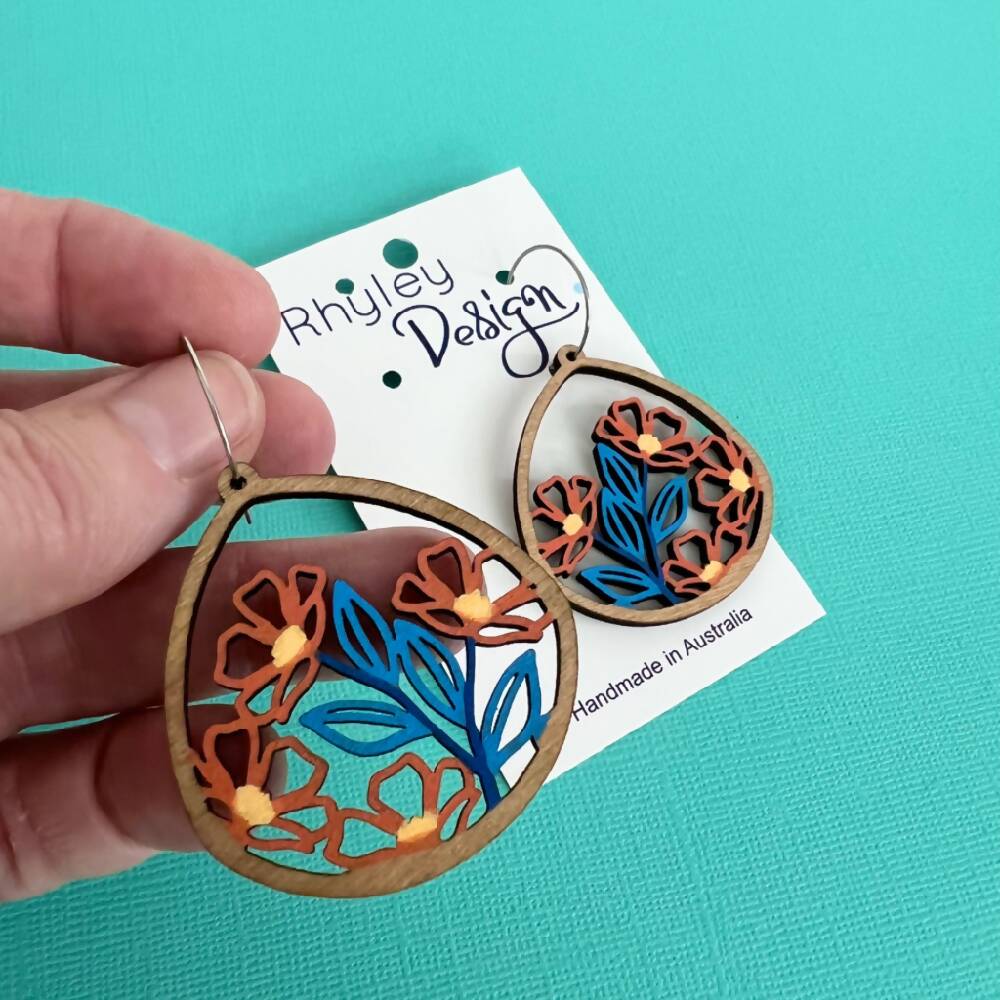 Orange Flower Earrings, Pretty Handpainted Wooden Flowers