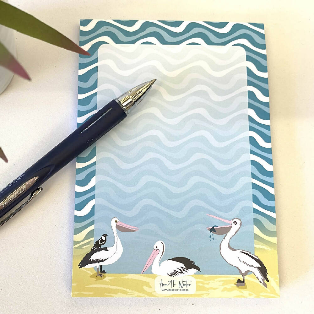 Notepad - A6 Pelican Writing Pad for taking notes - Beach, pelicans, waves