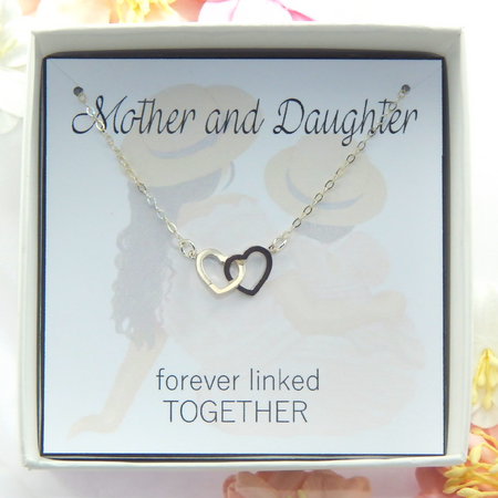 Mother and Daughter Interlocking Silver Heart Necklace
