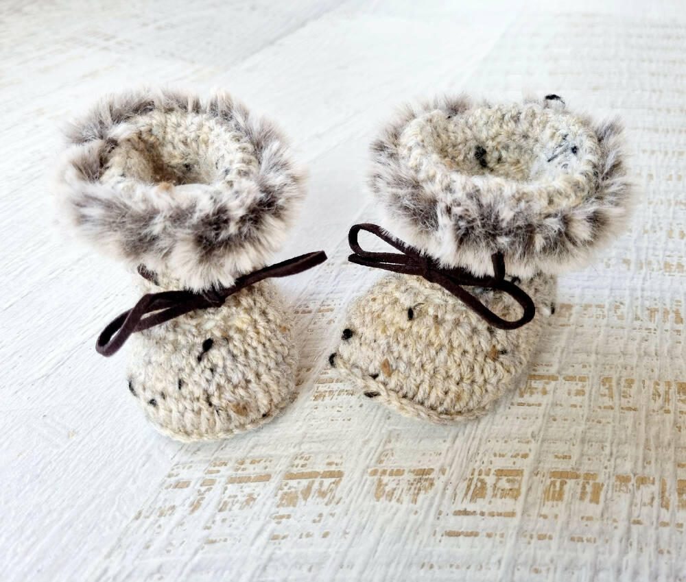 Baby Booties Fluffy Beige Oatmeal Newborn Crochet Knit Shoes Sock
