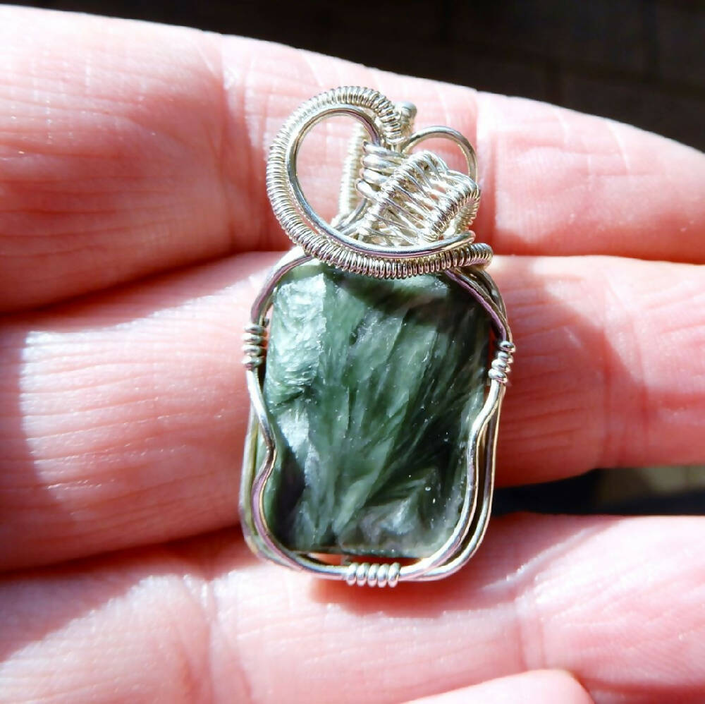 Seraphinite handcrafted pendant green gemstone Sterling wire wrapped
