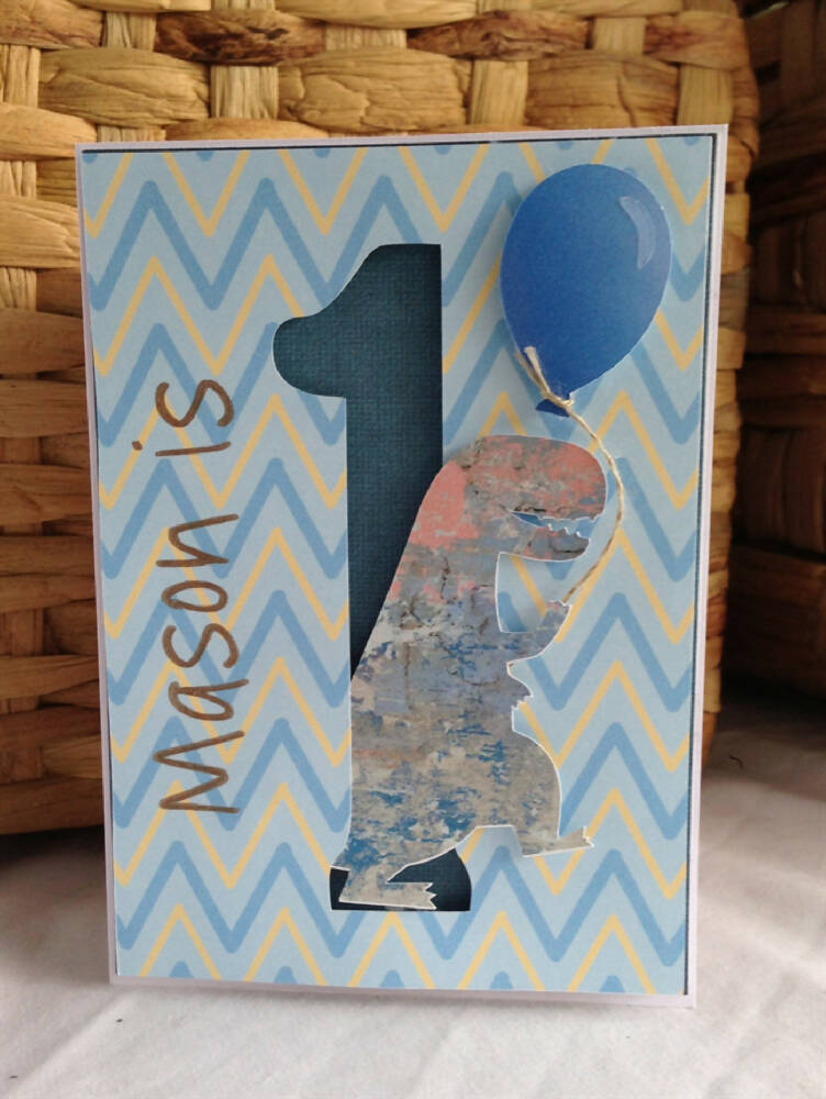 Handmade Personalised 1st birthday card, boy, dinosaur