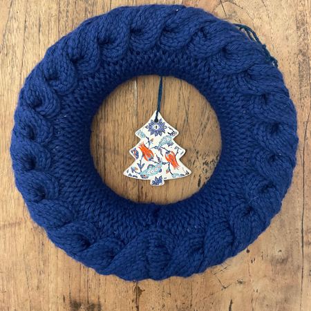 Knitted Christmas Wreath with ceramic Christmas tree. Blue & Silver Christmas