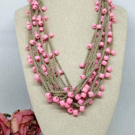 Pink Tan Boho Crochet Cotton Necklace