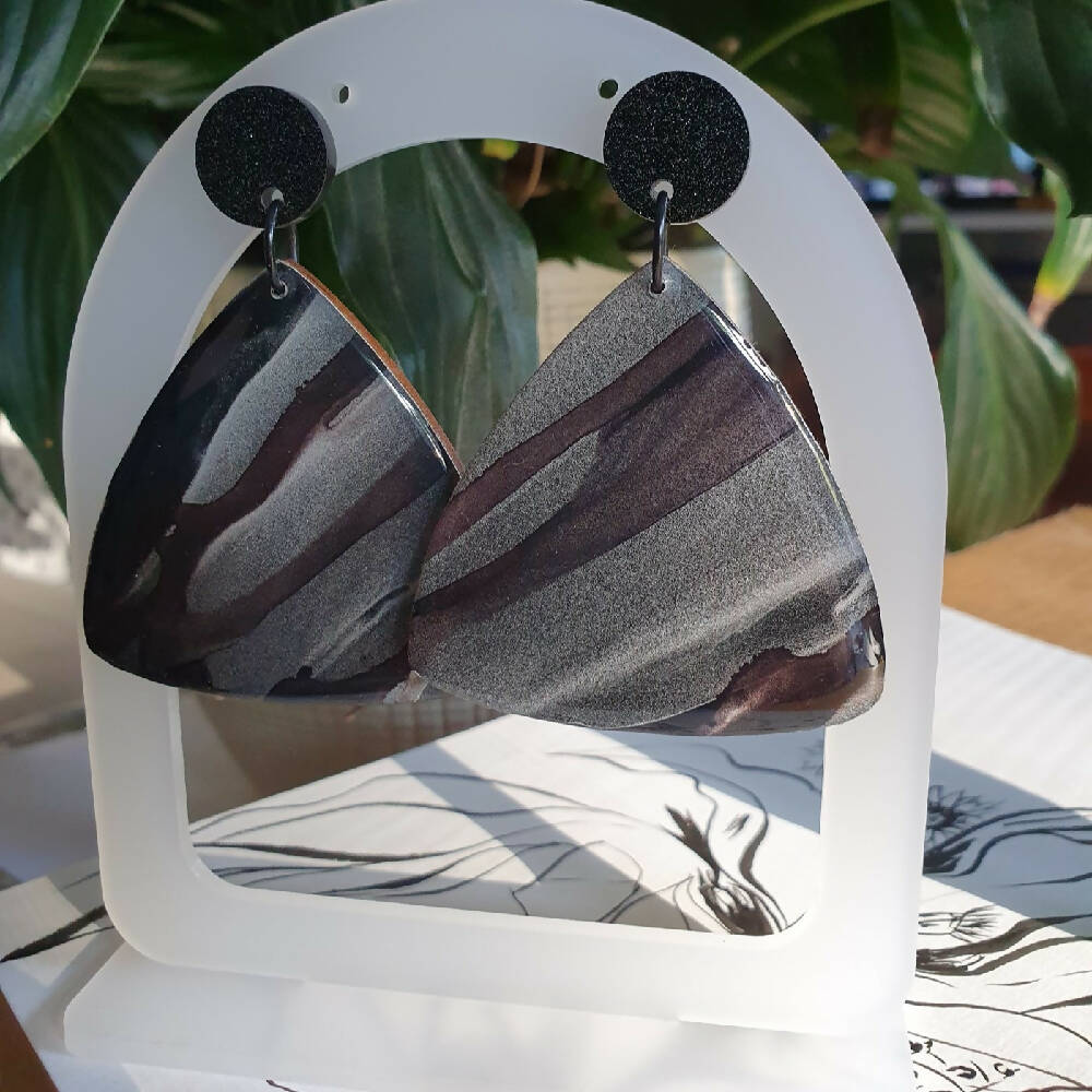 The Onyx Collection | Resin statment dangle earrings | Silver on Black |