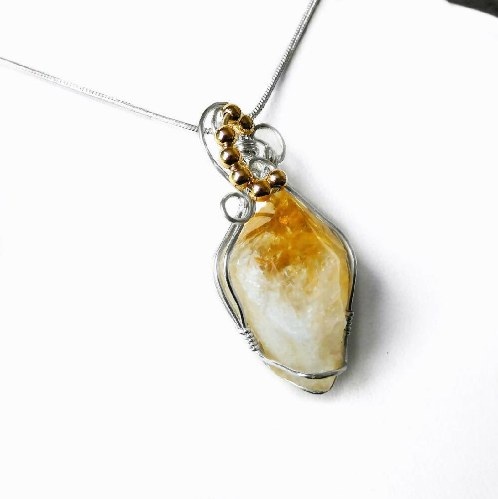 Citrine point pendant, Sterling silver wire wrapped, 14k gold filled beads