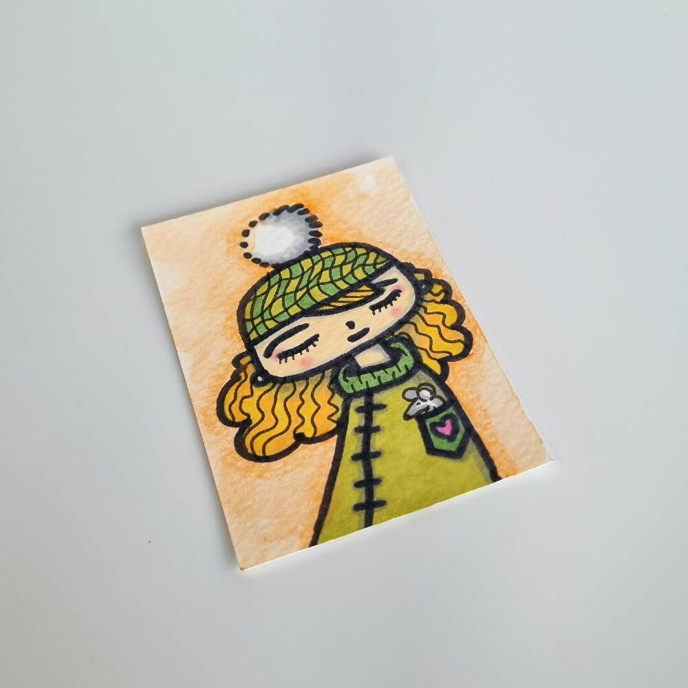 Katrina and her pet mouse - ACEO Original Ink and Watercolor on Watercolor Paper