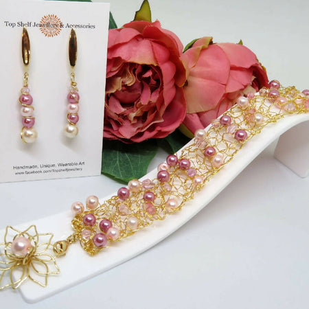 Pink Lotus Crochet Wire Large Bracelet and Earring Set