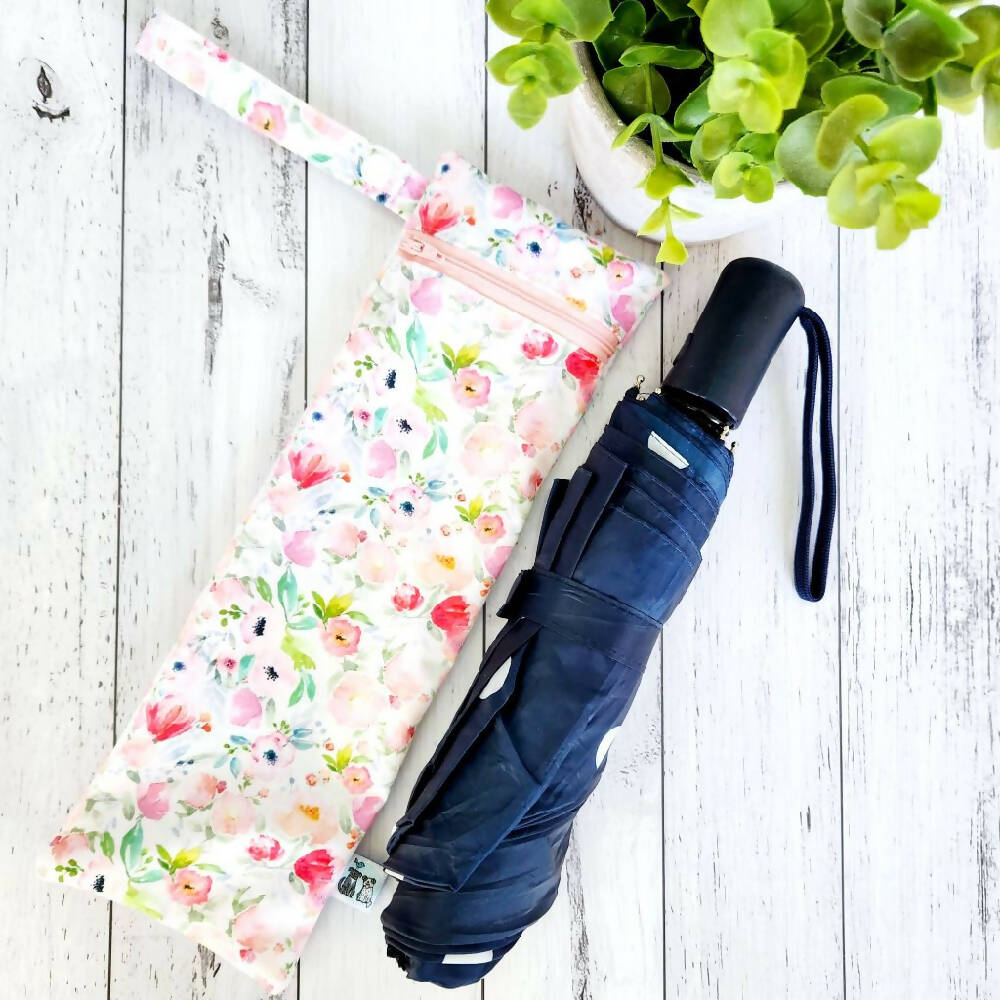 Umbrella Bag, Waterproof Reusable Zip Bag, Pastel Floral, Pink Zip