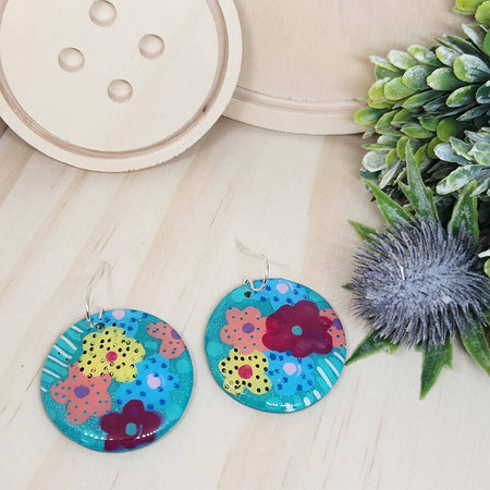 Dangle Earrings - Bloom Circle - Hand Painted Clay and Resin - Hook