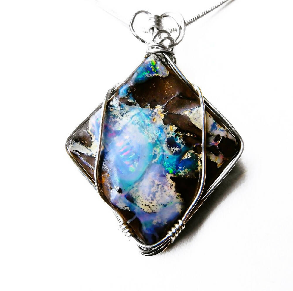 Large Australian Boulder Opal pendant, Sterling silver wire wrapped