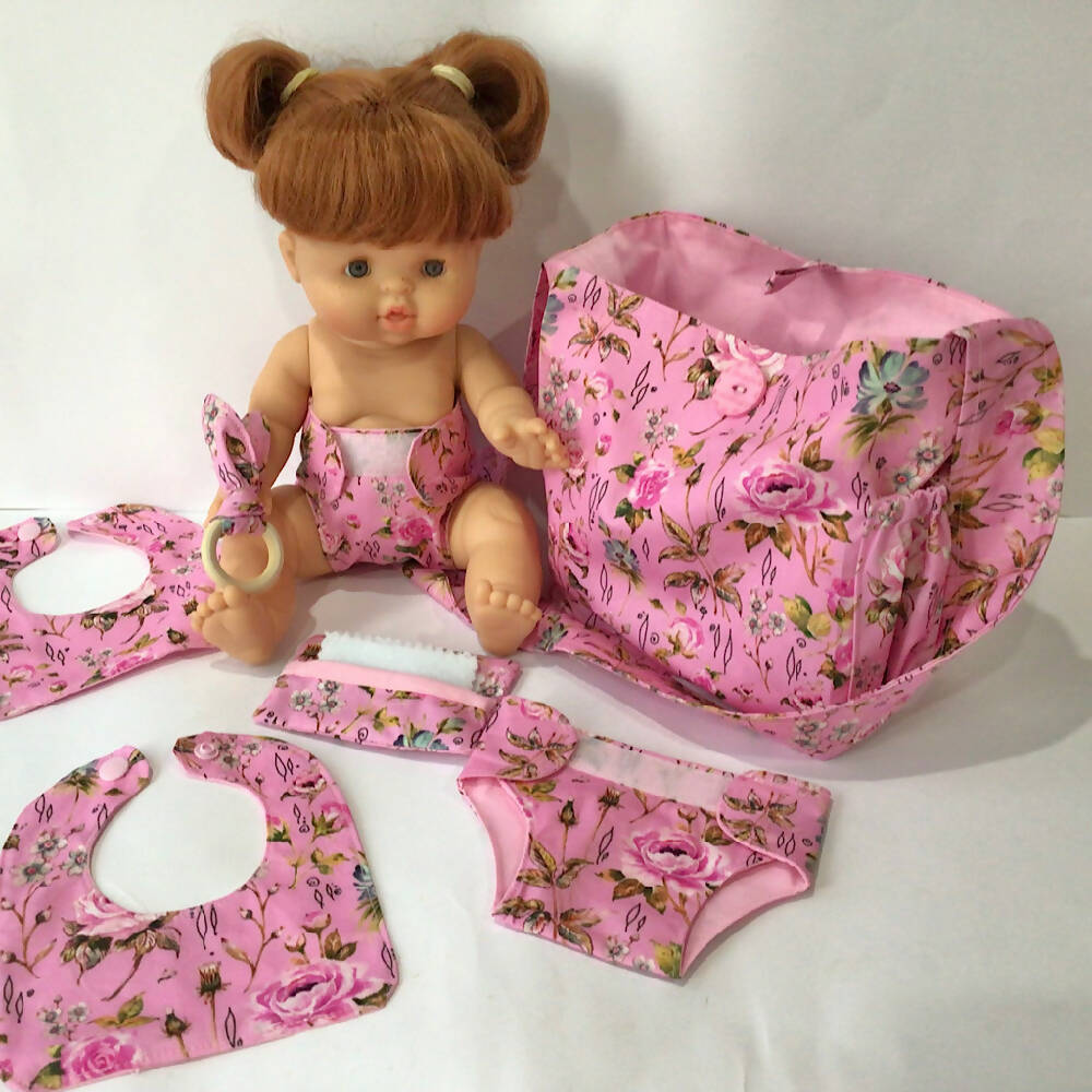 Nappy Bag and accessories for Baby Doll - Pink on pink floral #1