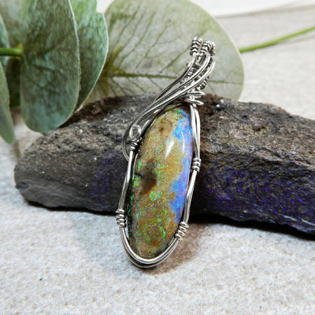 Matrix and Crystal Opal pendant large unique Sterling silver wrapped