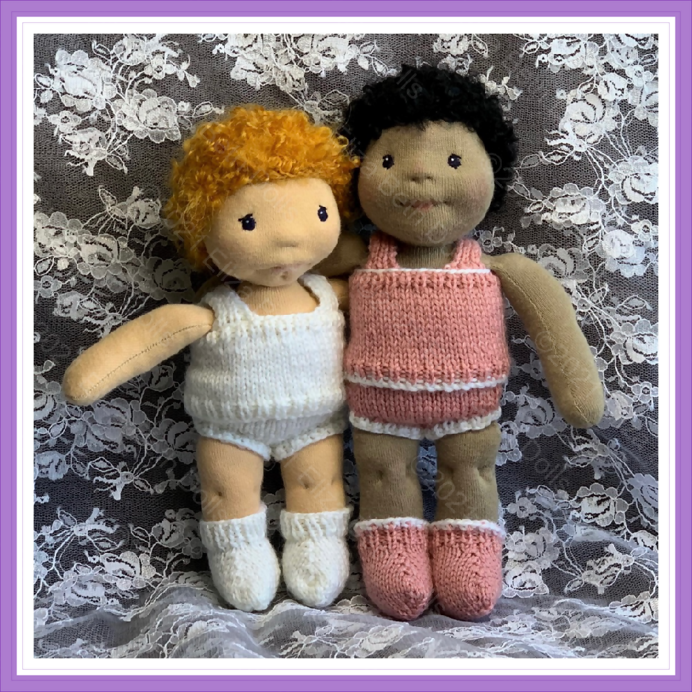 Waldorf doll clothes, PDF digital pattern, 8inch, 9inch, Underwear, Underpants, Undies, Knickers, Vest, Singlet, Socks, 8ply, DK, Straight needles, Beginner friendly, Flat knitted, Doll outift, Knitted doll clothes, Accessories, Natural fibre art doll, Quick easy knit, Clear instructions, Photos, 3 piece outfit, Original design, Immediate download, Eliza Beth Dolls, ElizaBethDolls, Australia, 4