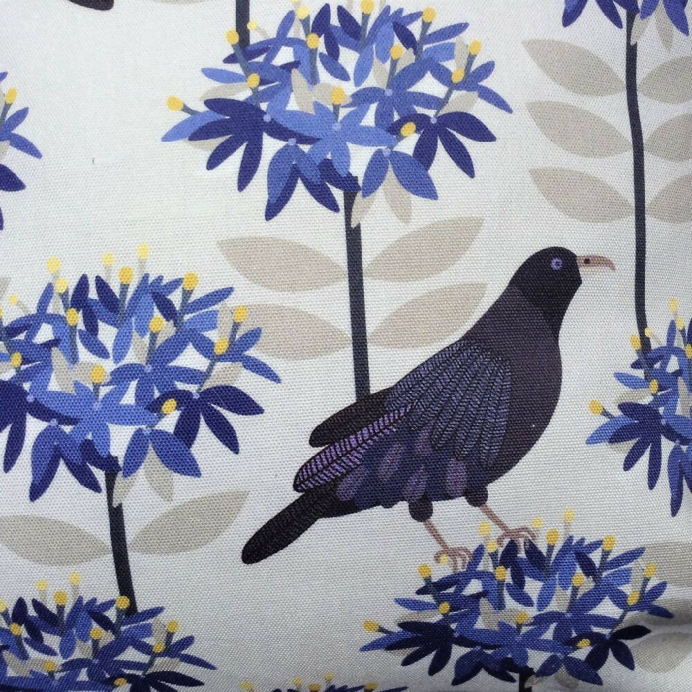 Floral cushion cover-bird print-blue and grey.