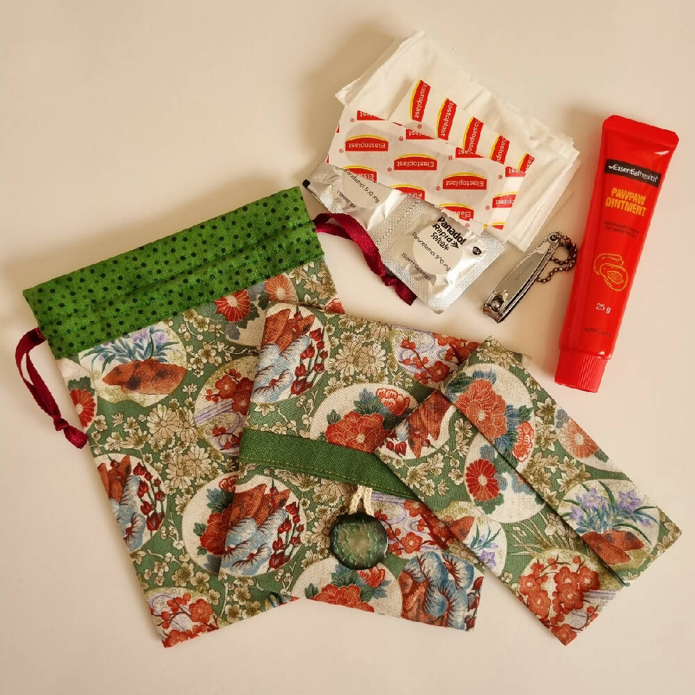 Fabric Pouch Set - Floral Asian Tea House Garden - Handbag accessory