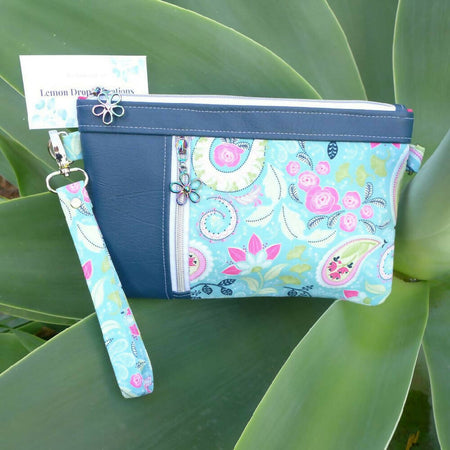 Blue Solid and Paisley Zippy Clutch Bag
