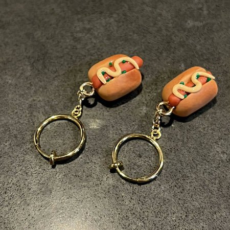 Hot dogs and brioche bun clip on dangle food earrings (no piercing)