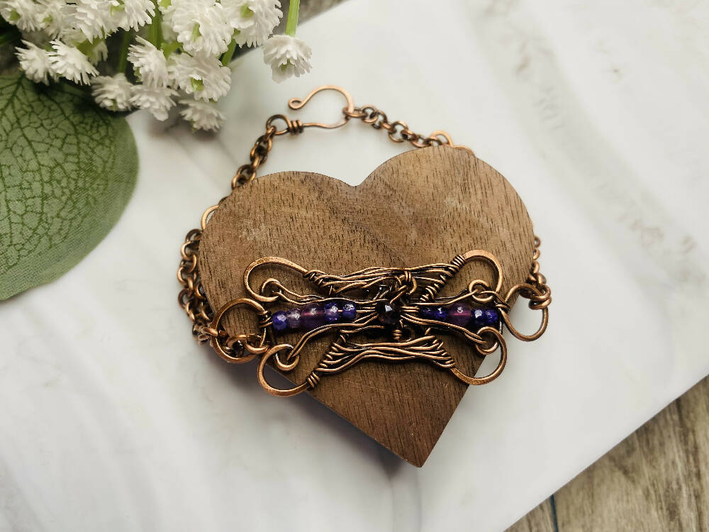 Double Heart Amethyst Gemstone Wire Wrapped Bracelet