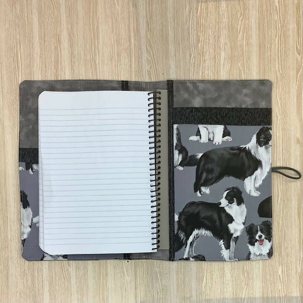 Border Collie Dogs refillable A5 fabric notebook cover gift set - Incl. book and pen.