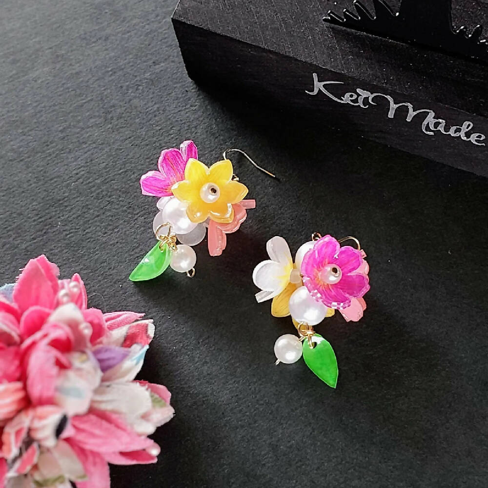 Spring Flower Bouquet Earrings (Pink Yellow White) - cute dangle earrings