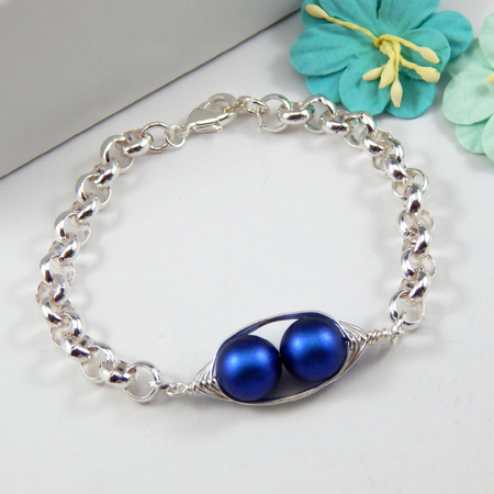 Two Peas In A Pod Silver Bracelet Iridescent Dark Blue