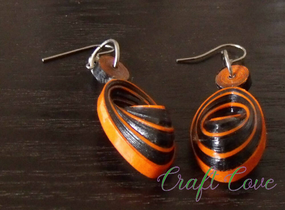 Earrings Quilled Orange and Black Tiger Skewed