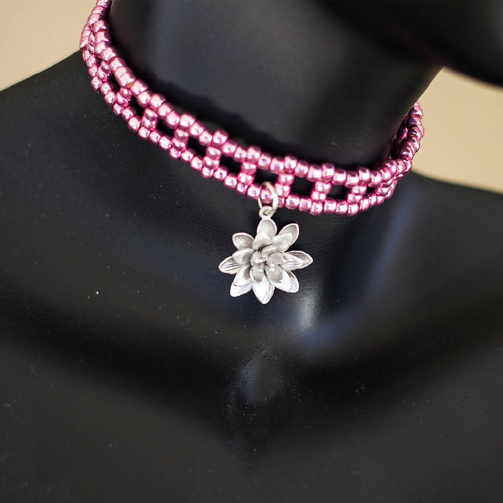 Pink Lotus Flower Necklace_Seabreeze Boho by Luna
