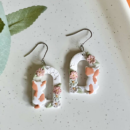 Arch Polymer Clay Earrings with an Orange Cat and Flowers