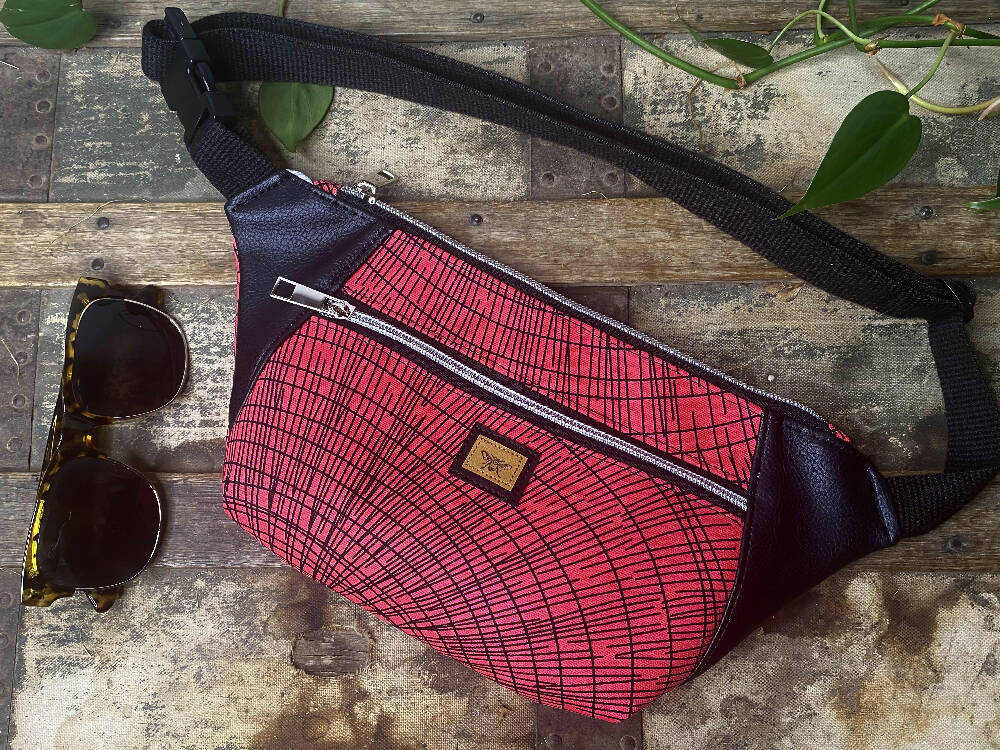 Bum/Waist/Hip Bag - Pink Contemporary Design/ Black Faux Leather